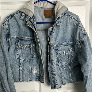 American Eagle Outfitters Blue and Gray Jean Jacket Distressed